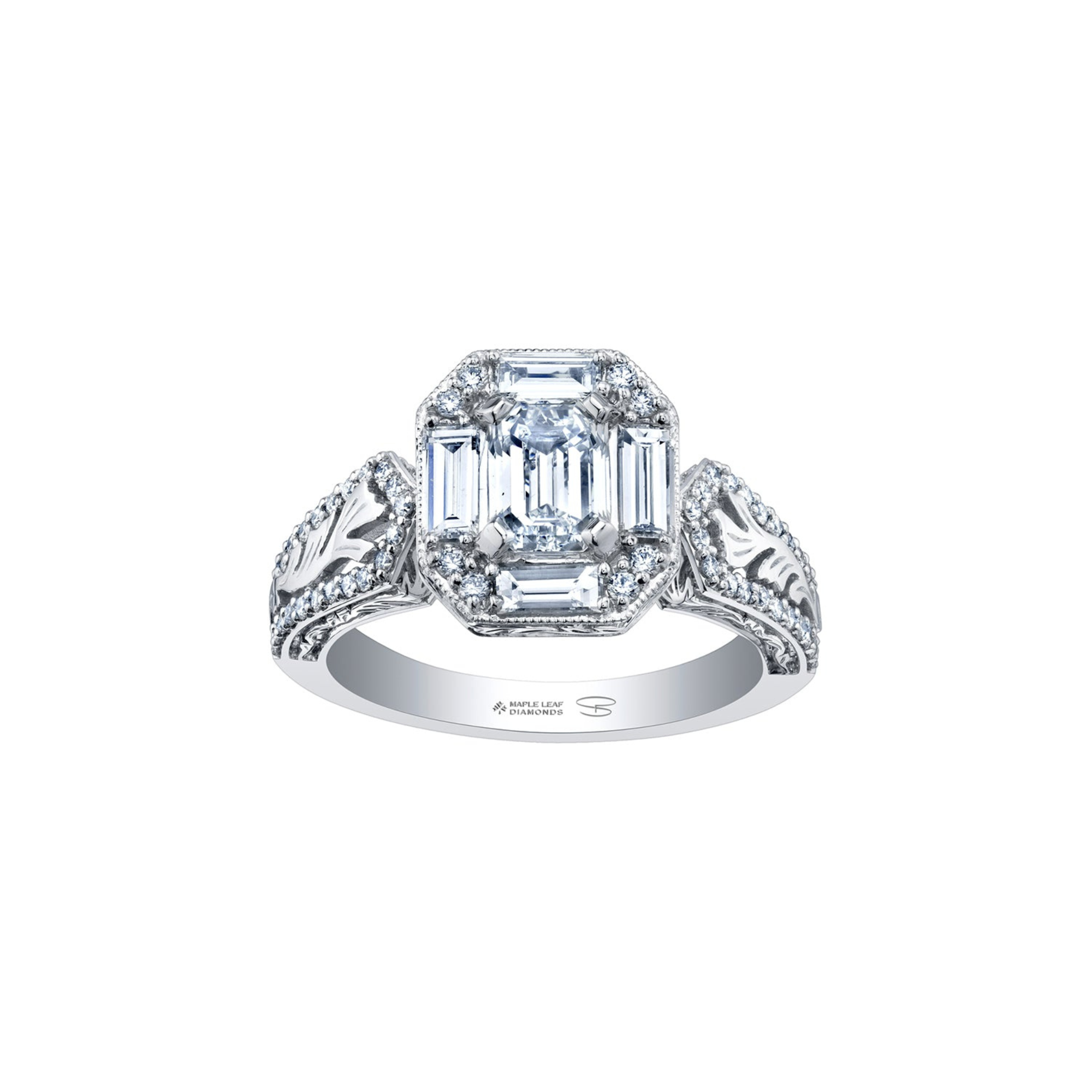 18k white and yellow gold ring with emerald-cut Canadian diamond, frost engravings, diamond halo, and blue sapphire.
