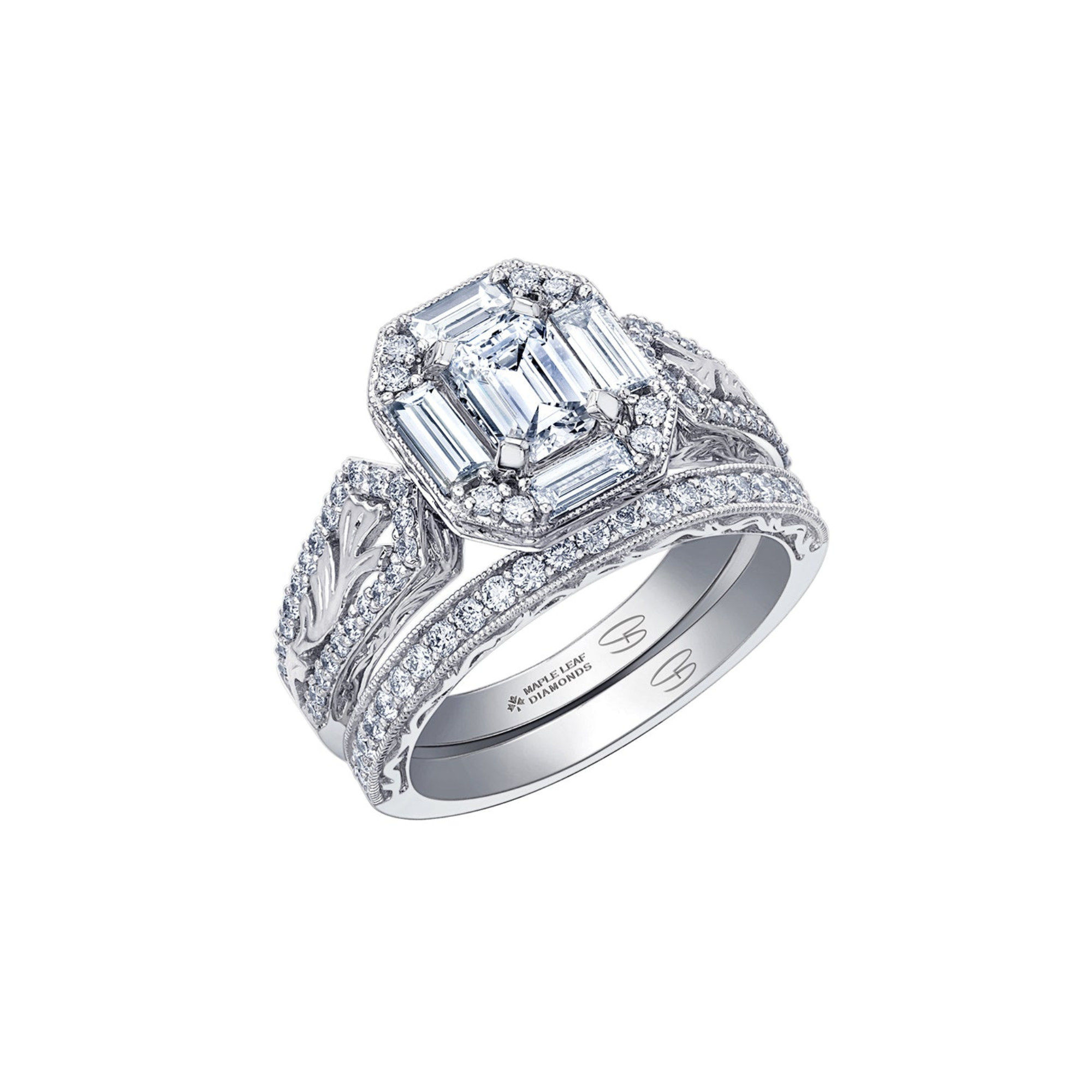 18k white gold ring with emerald-cut Canadian diamond, frost engravings, diamond halo, and blue sapphire.