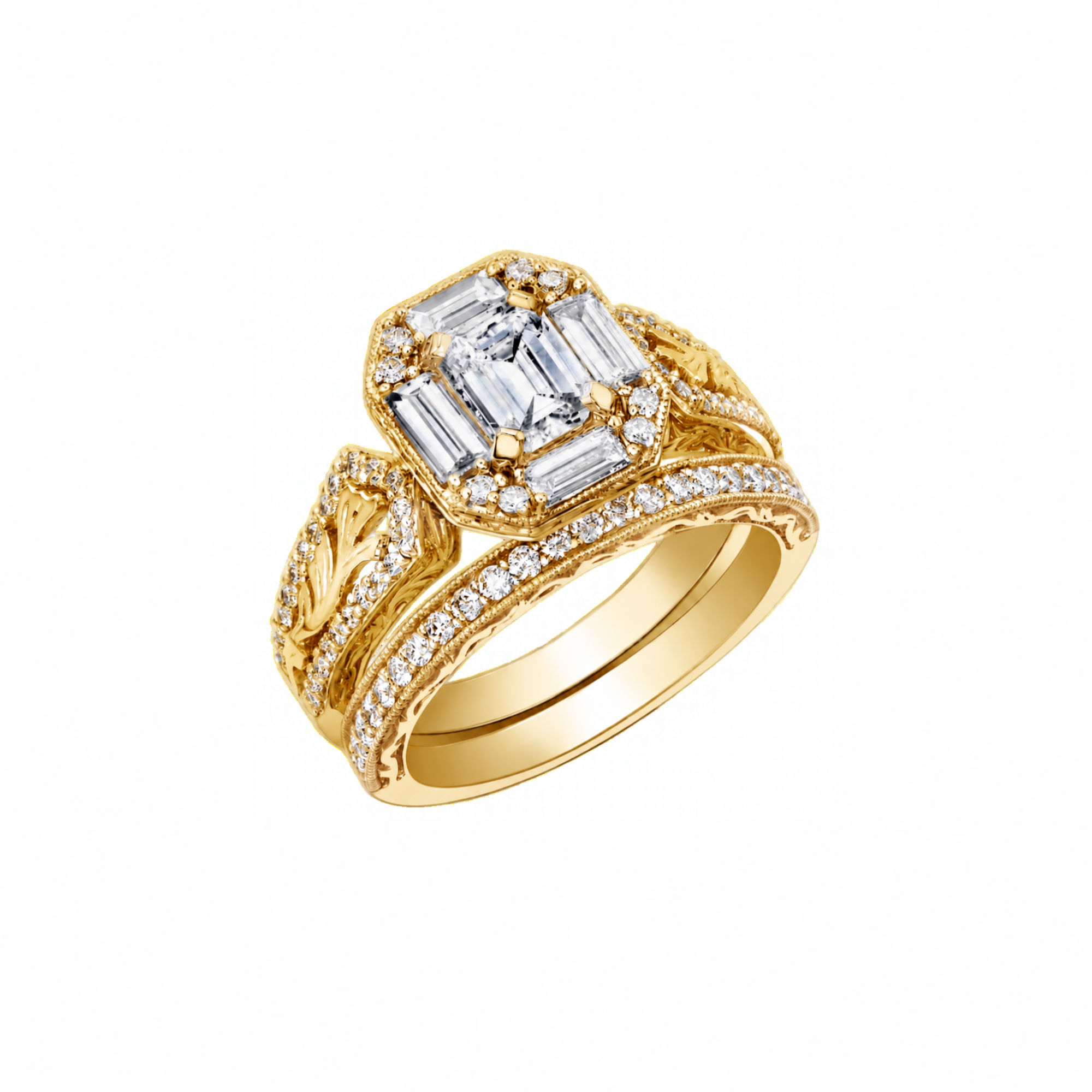 18k white and yellow gold ring with emerald-cut Canadian diamond, frost engravings, diamond halo, and blue sapphire.