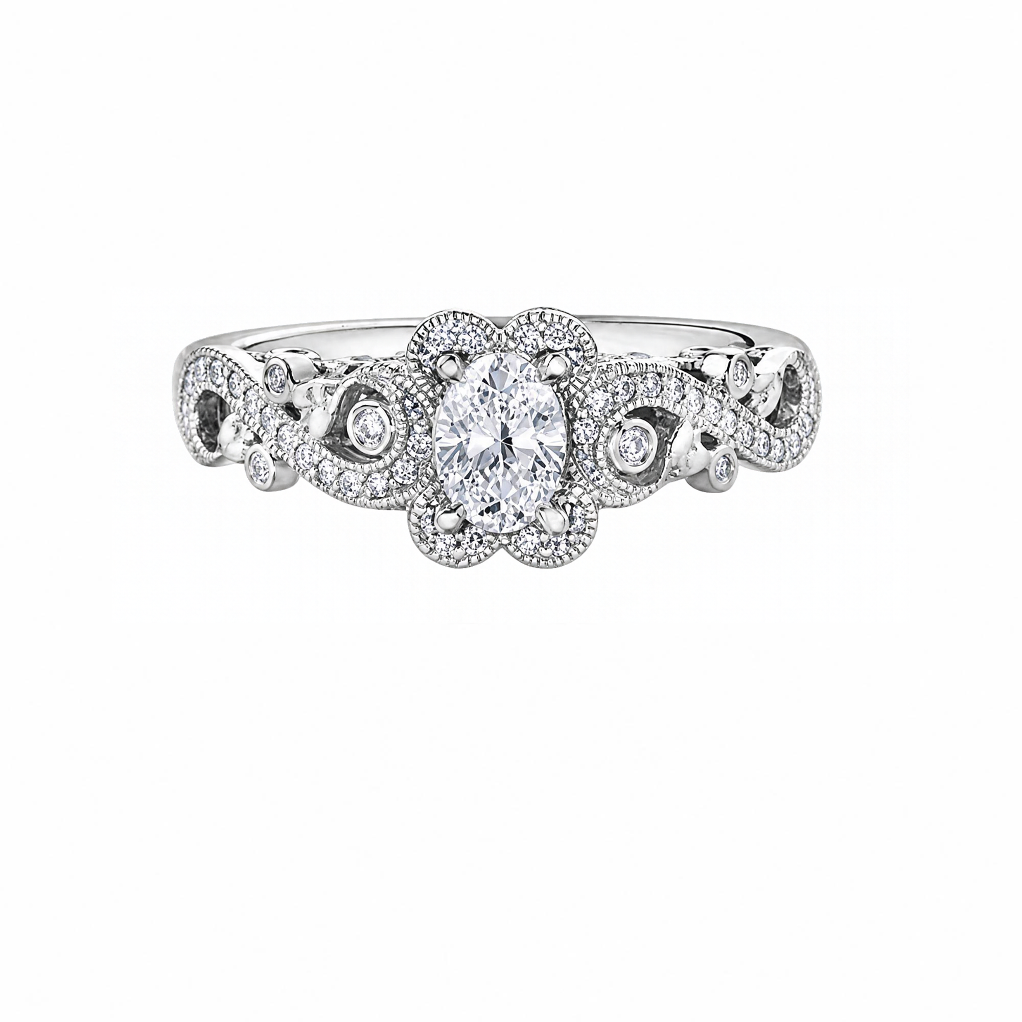 18kt gold engagement ring with oval-cut Canadian diamond, diamond side stones, and intricate rose vine detailing, 0.45 TDW.