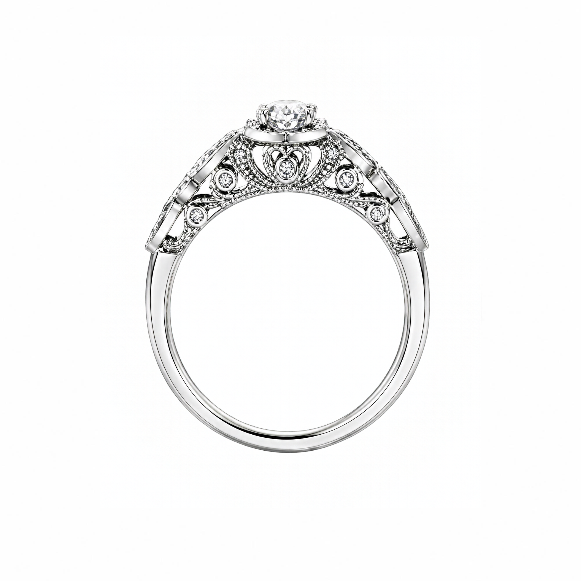 18kt gold engagement ring with oval-cut Canadian diamond, diamond side stones, and intricate rose vine detailing, 0.45 TDW.