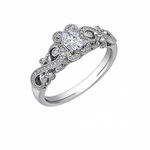 18kt gold engagement ring with oval-cut Canadian diamond, diamond side stones, and intricate rose vine detailing, 0.45 TDW.