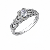 18kt gold engagement ring with oval-cut Canadian diamond, diamond side stones, and intricate rose vine detailing, 0.45 TDW.