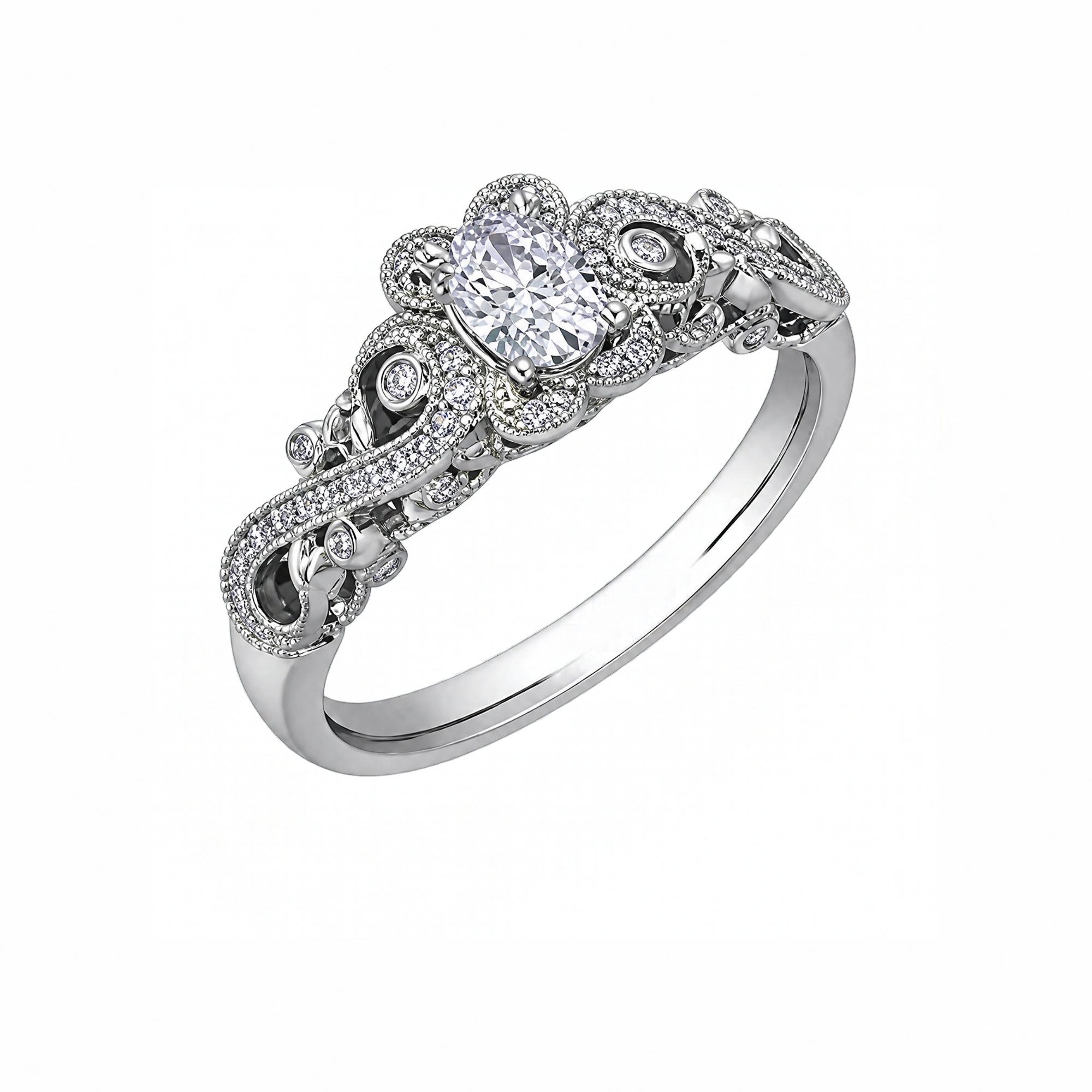 18kt gold engagement ring with oval-cut Canadian diamond, diamond side stones, and intricate rose vine detailing, 0.45 TDW.