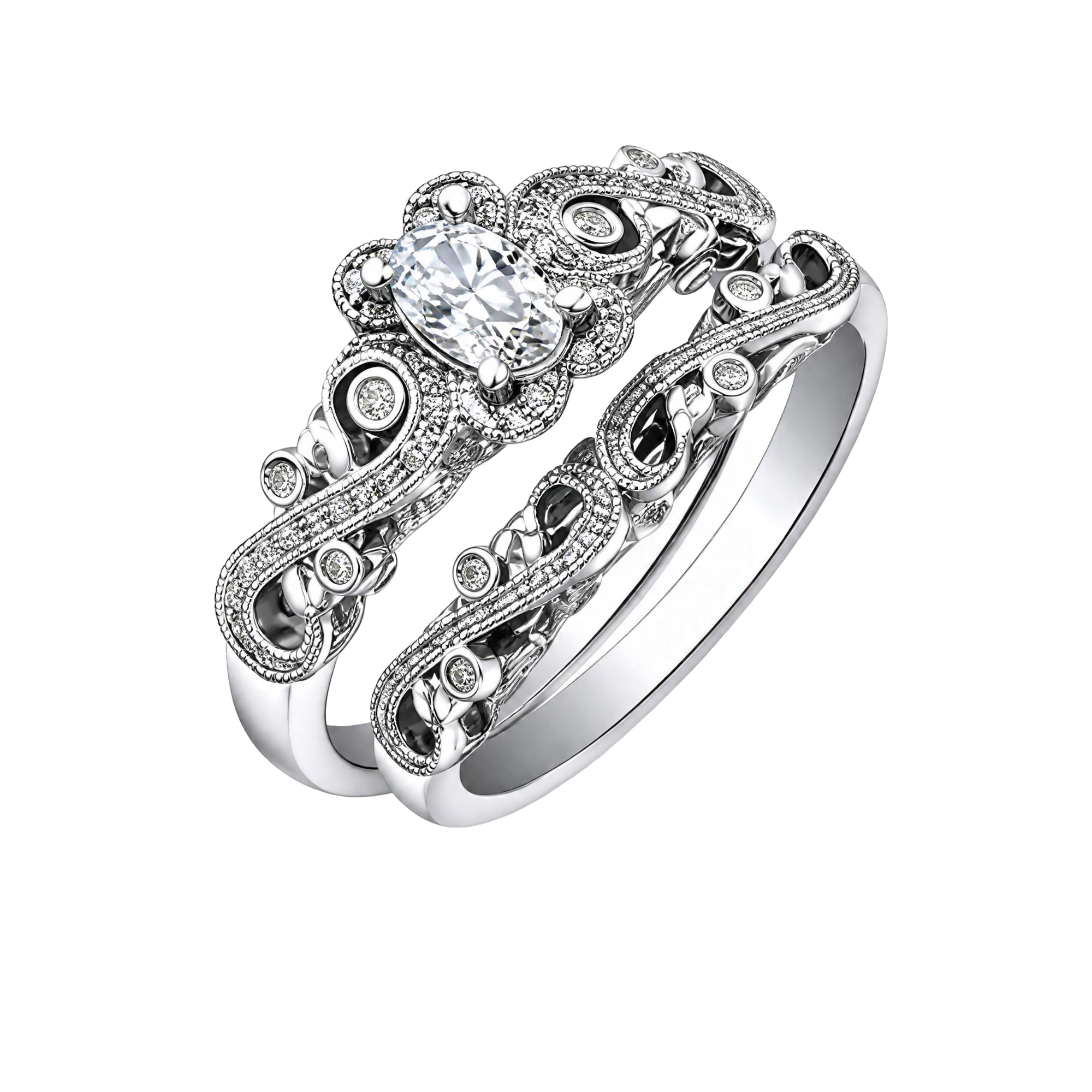 18kt gold engagement ring with oval-cut Canadian diamond, diamond side stones, and intricate rose vine detailing, 0.45 TDW.