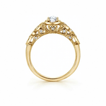 18kt gold engagement ring with oval-cut Canadian diamond, diamond side stones, and intricate rose vine detailing, 0.45 TDW.