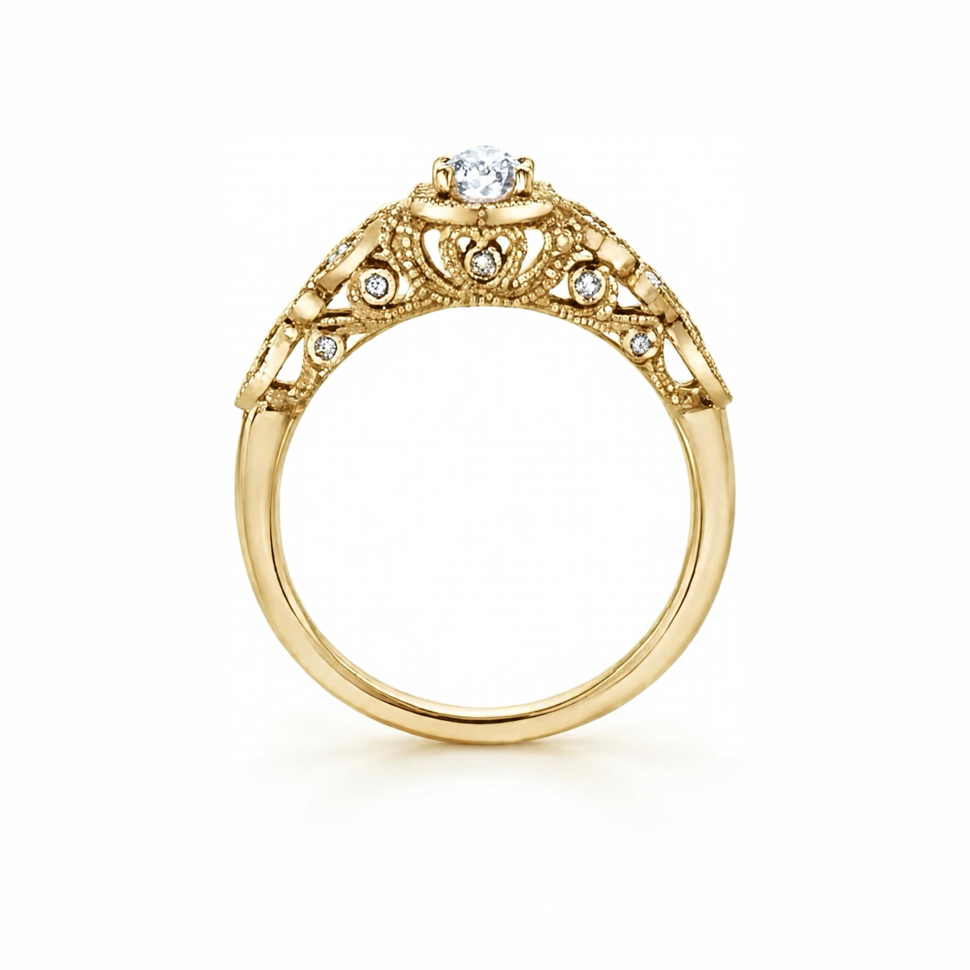18kt gold engagement ring with oval-cut Canadian diamond, diamond side stones, and intricate rose vine detailing, 0.45 TDW.