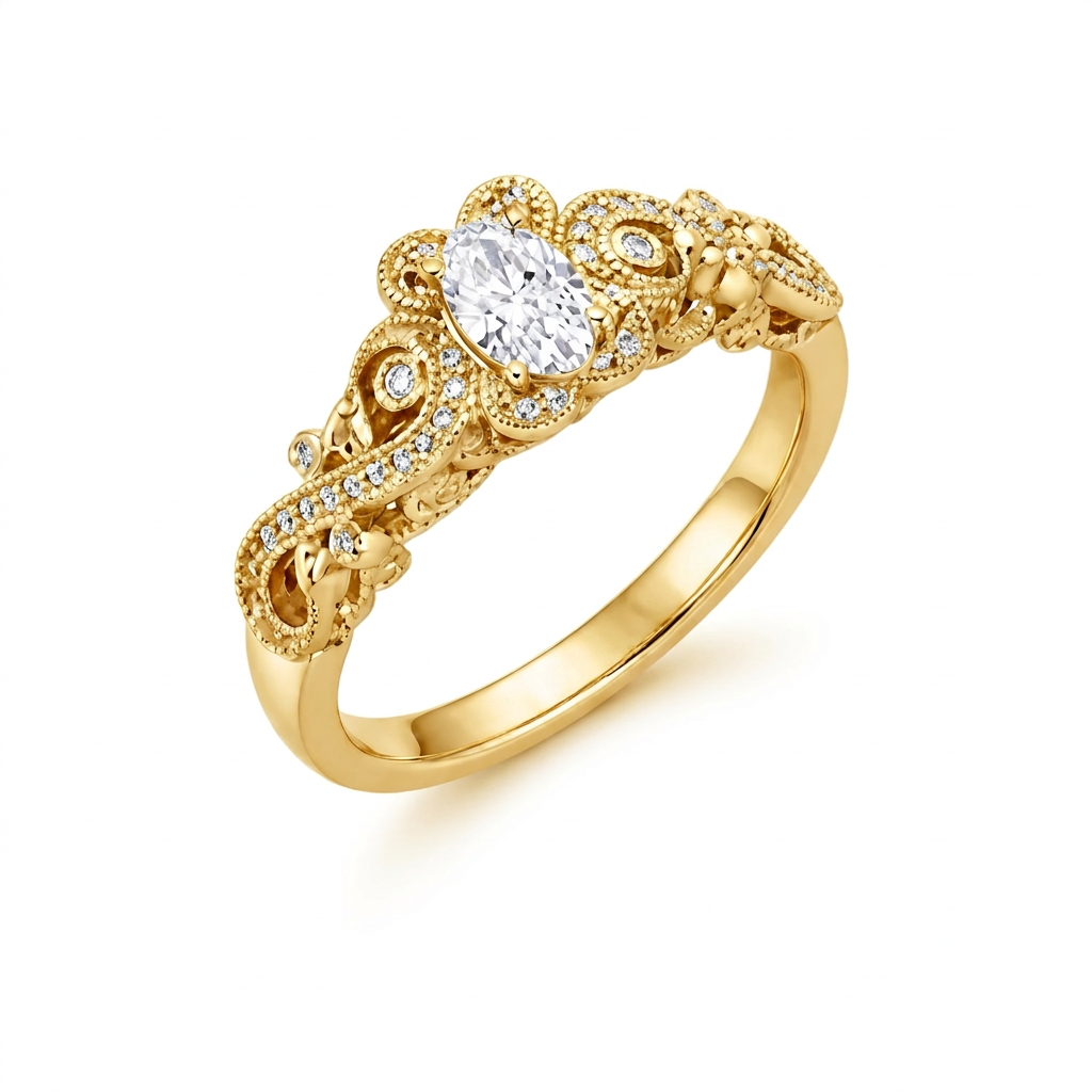 18kt gold engagement ring with oval-cut Canadian diamond, diamond side stones, and intricate rose vine detailing, 0.45 TDW.