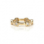 Crafted in 14KT gold, this ring features six round brilliant-cut diamonds evenly spaced apart in bezel settings on a flat band.