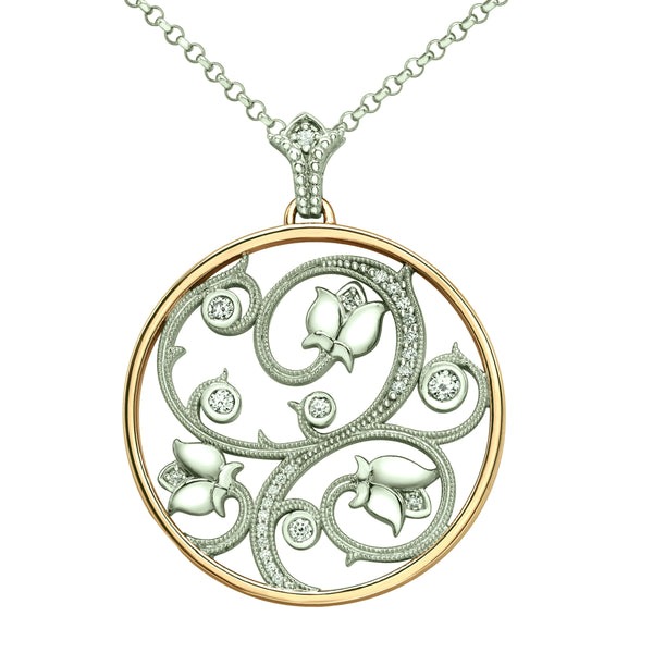 Crafted in yellow and white 14KT Canadian Certified Gold, this necklace features a pendant with a round brilliant-cut Canadian diamond set rose vine design.