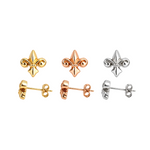 10 x 9mm fleur-de-lis stud earrings in 14K yellow, rose, or white gold, featuring an elegant royal-inspired design.