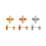 10 x 9mm fleur-de-lis stud earrings in 14K yellow, rose, or white gold, featuring an elegant royal-inspired design.