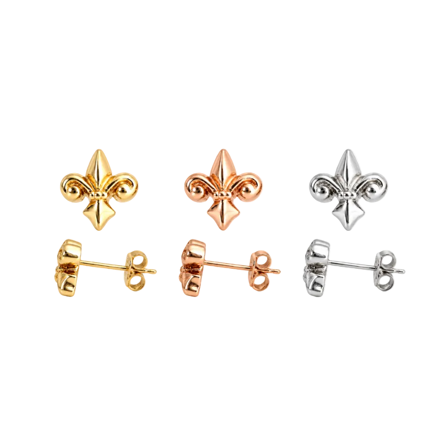 10 x 9mm fleur-de-lis stud earrings in 14K yellow, rose, or white gold, featuring an elegant royal-inspired design.