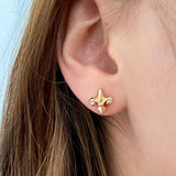 10 x 9mm fleur-de-lis stud earrings in 14K yellow, rose, or white gold, featuring an elegant royal-inspired design.
