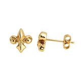 10 x 9mm fleur-de-lis stud earrings in 14K yellow, rose, or white gold, featuring an elegant royal-inspired design.
