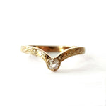 14k yellow gold V-shaped ring with 2.5mm white rose cut diamond and hand engraving 