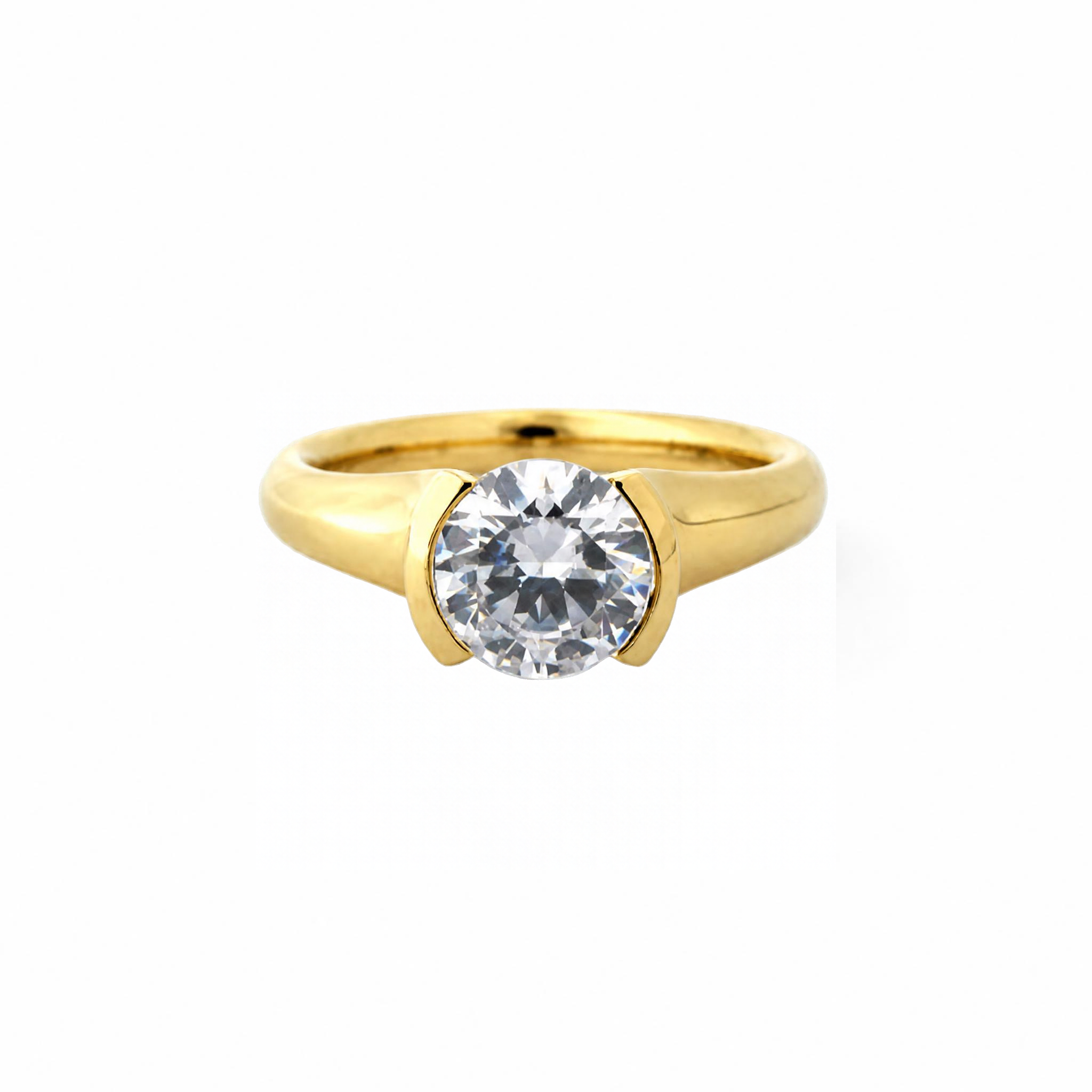 Crafted in 14KT gold or platinum, this engagement ring features a half-bezel set round brilliant-cut diamond with signature trademark on both sides. 