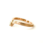 14k yellow gold V-shaped ring with 2.5mm white rose cut diamond and hand engraving 