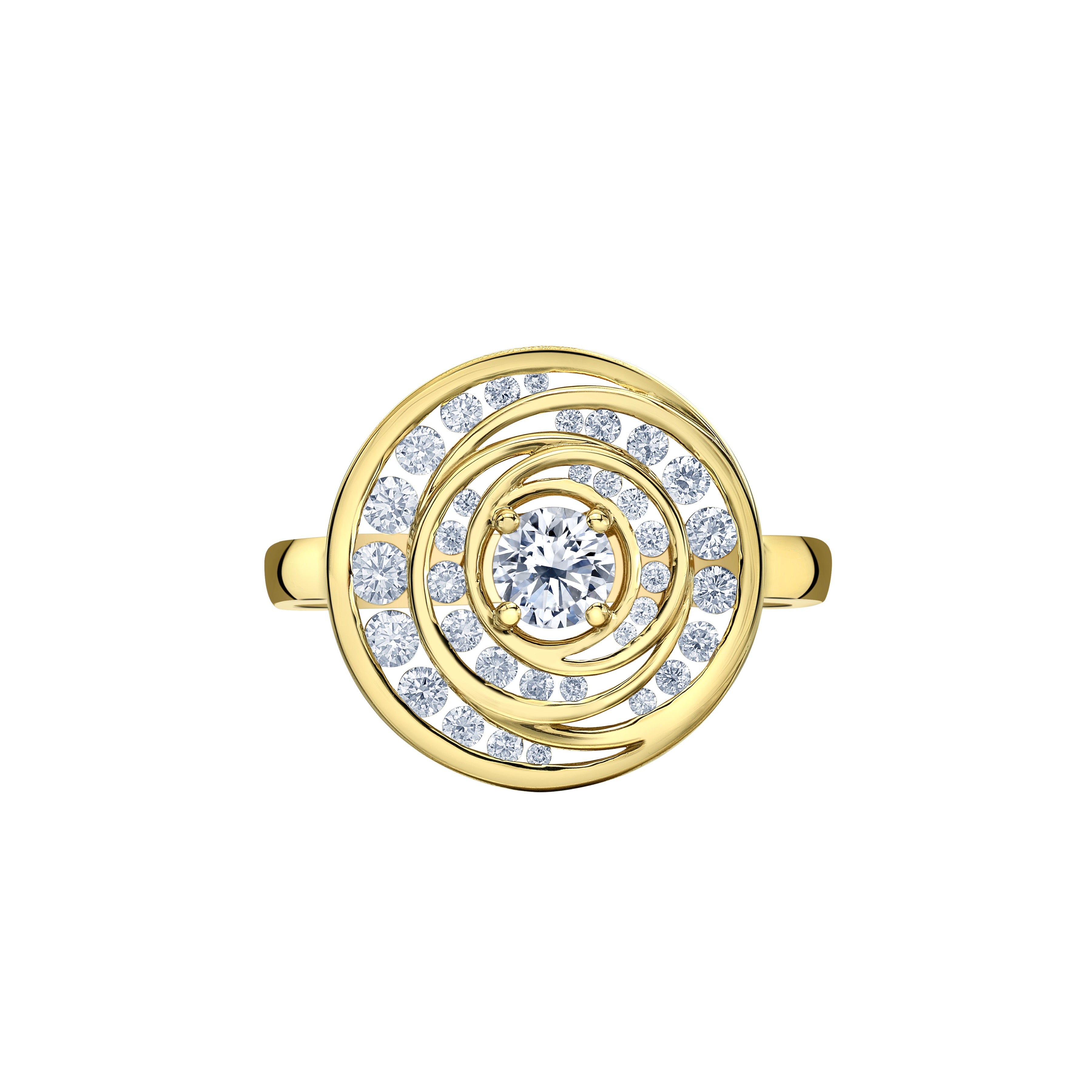 Crafted in 14KT yellow Certified Canadian Gold, this ring features a full moon set with round brilliant-cut Canadian diamonds.