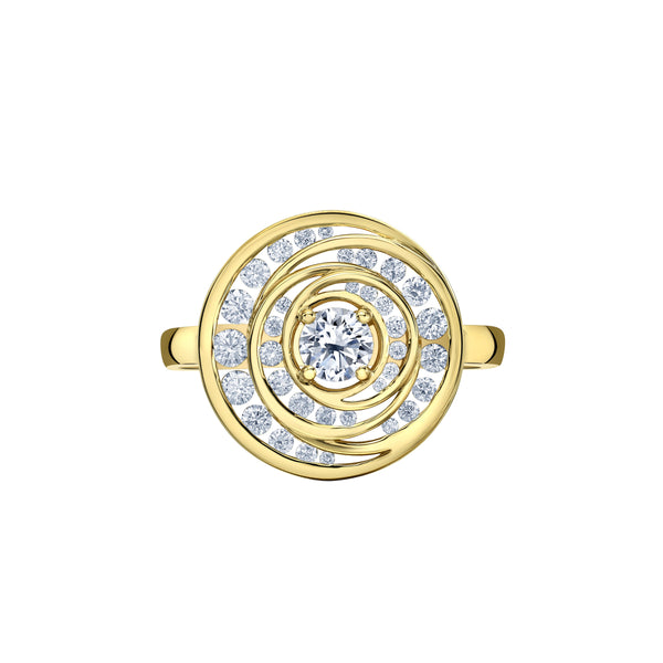 Crafted in 14KT yellow Certified Canadian Gold, this ring features a full moon set with round brilliant-cut Canadian diamonds.