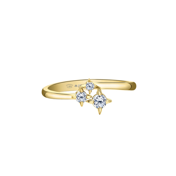 Crafted in 14KT yellow Certified Canadian Gold, this ring features three stars set with round brilliant-cut Canadian diamonds.
