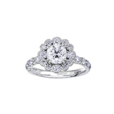 Crafted in 18KT white Certified Canadian Gold, this engagement ring features a diamond-set snowflake halo with a round brilliant-cut Canadian centre diamond on a diamond-set band. 