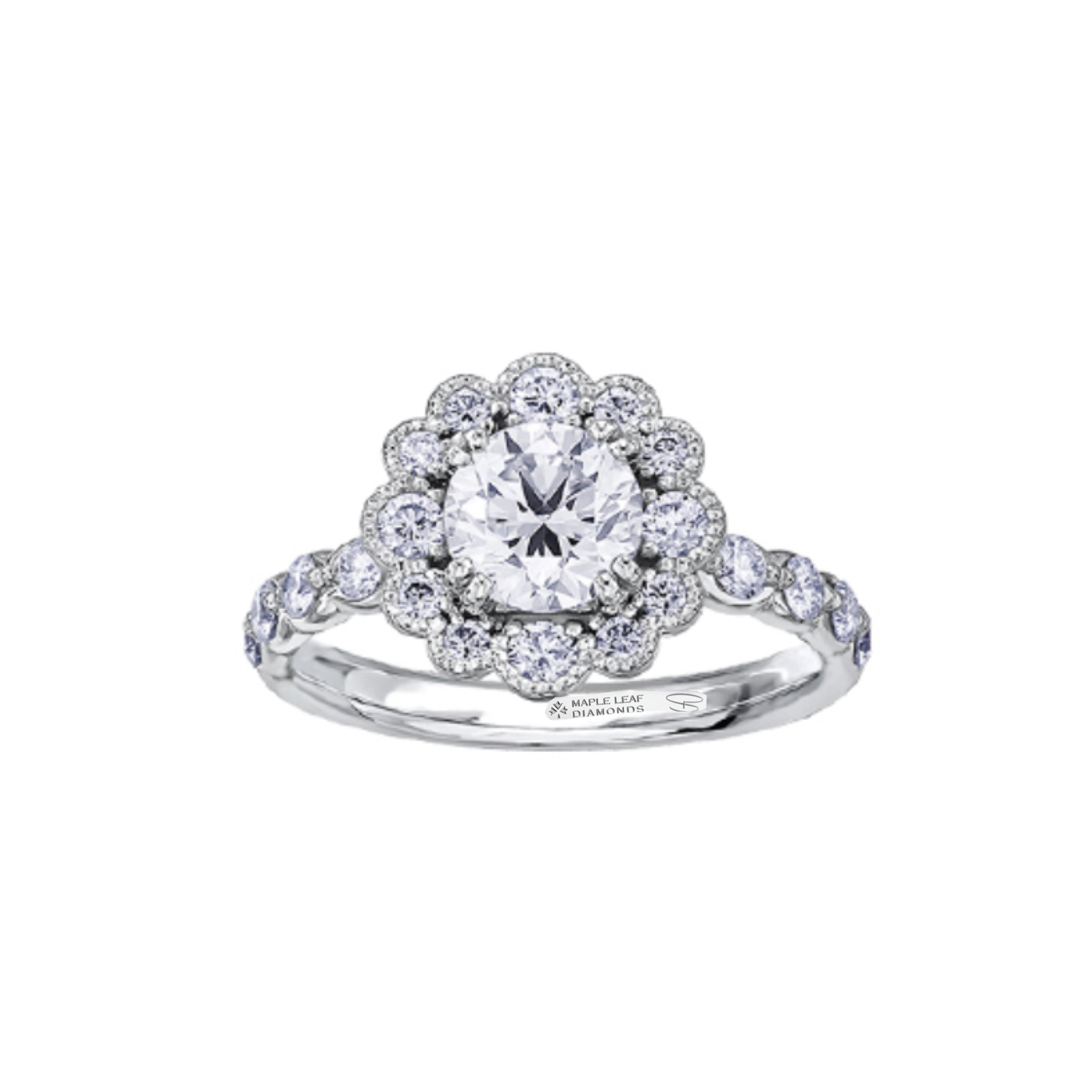 Crafted in 18KT white Certified Canadian Gold, this engagement ring features a diamond-set snowflake halo with a round brilliant-cut Canadian centre diamond on a diamond-set band. 