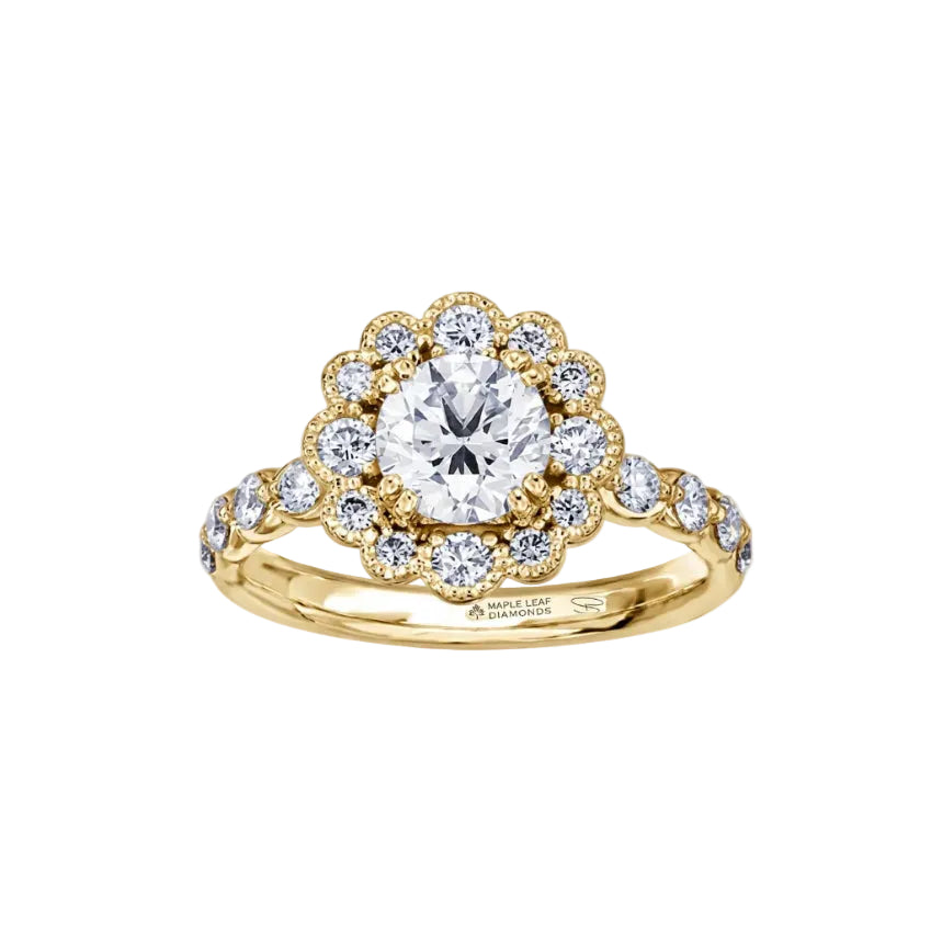 Crafted in 18KT white Certified Canadian Gold, this engagement ring features a diamond-set snowflake halo with a round brilliant-cut Canadian centre diamond on a diamond-set band. 