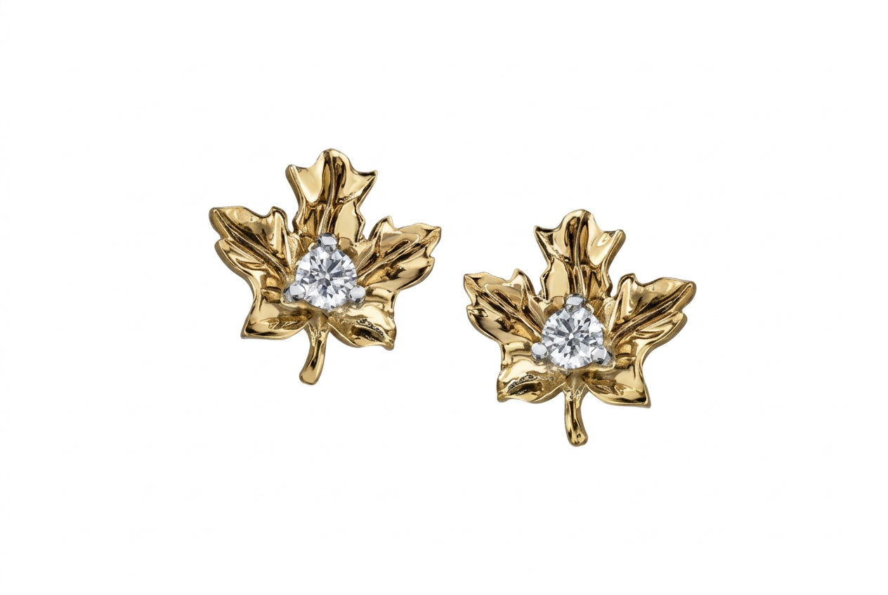 Canadian Diamond in yellow gold maple leaf earring