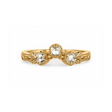 Crafted in 14KT yellow gold, this ring has a curve featuring 3 rose-cut diamonds in a row on a vintage-inspired hand engraved band.