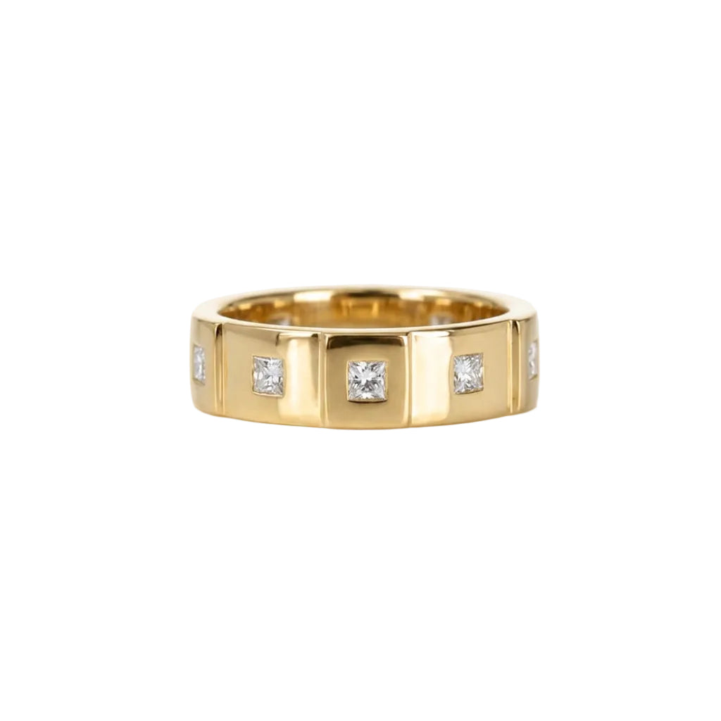 Crafted in 14KT gold, this men’s band features six raised sections, each set with a princess-cut diamond. Alternating with hand-engraved orange blossoms in square settings. 