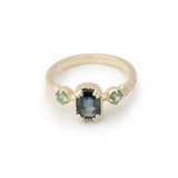hand-engraved ring with Montana sapphire and alexandrite in yellow gold