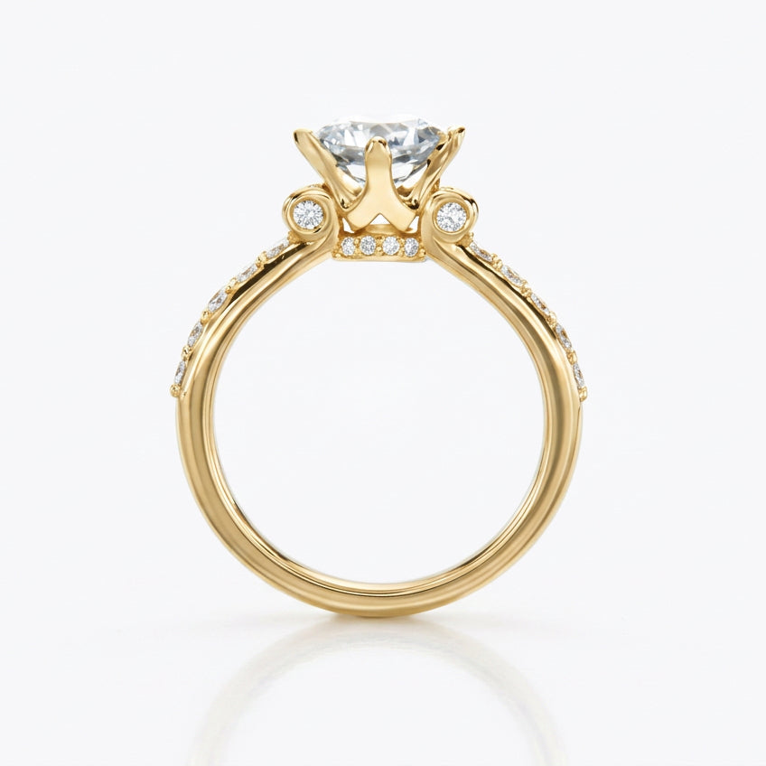Crafted in 14KT gold, this engagement ring features a princess-cut centre diamond on a diamond-set band. 
