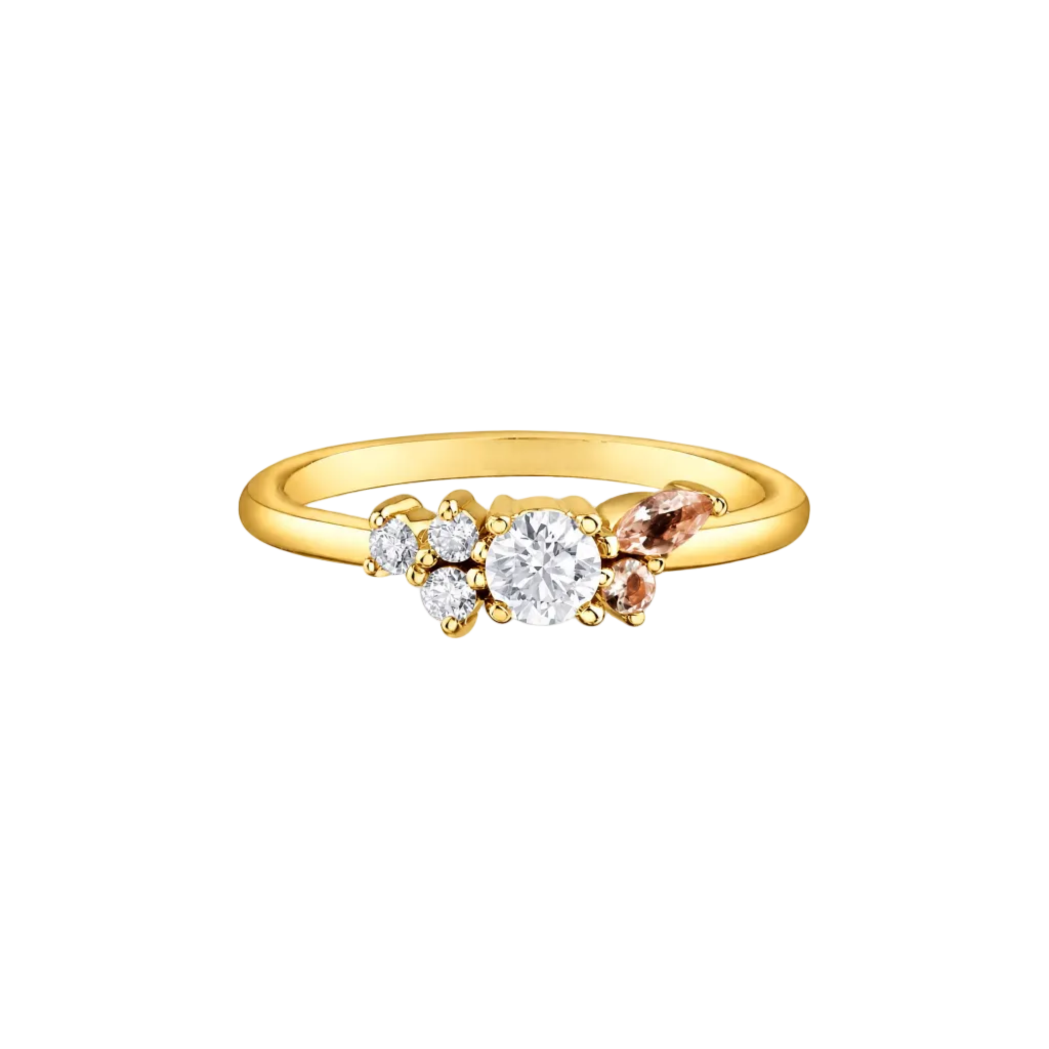 Crafted in white 14KT Canadian Certified Gold, this ring features four round brilliant cut Canadian diamonds and two morganite.