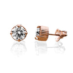 Rose gold stud earrings with clear gemstones on a white background