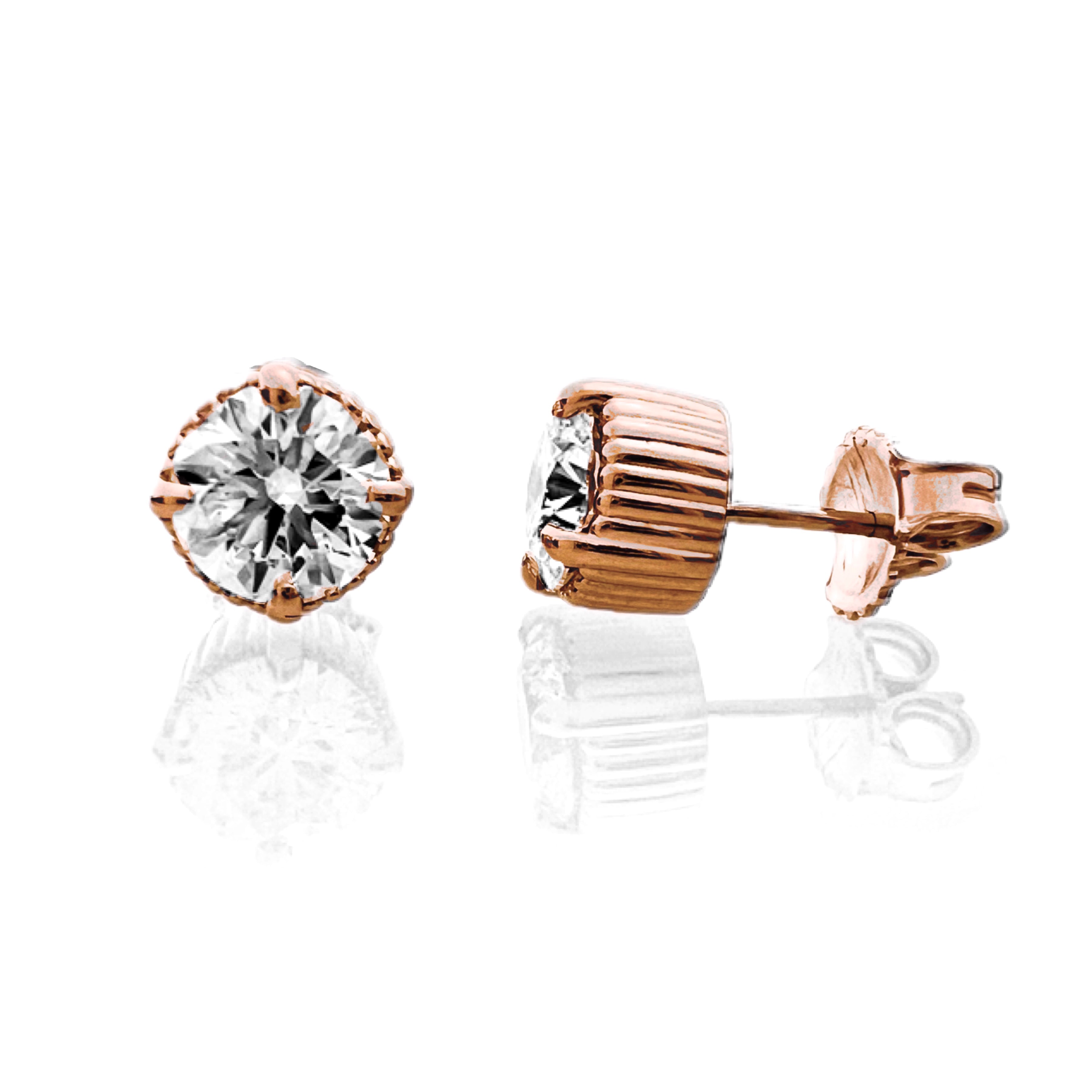 Rose gold stud earrings with clear gemstones on a white background