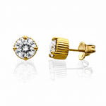 Gold stud earrings with lab-grown diamond on a white background
