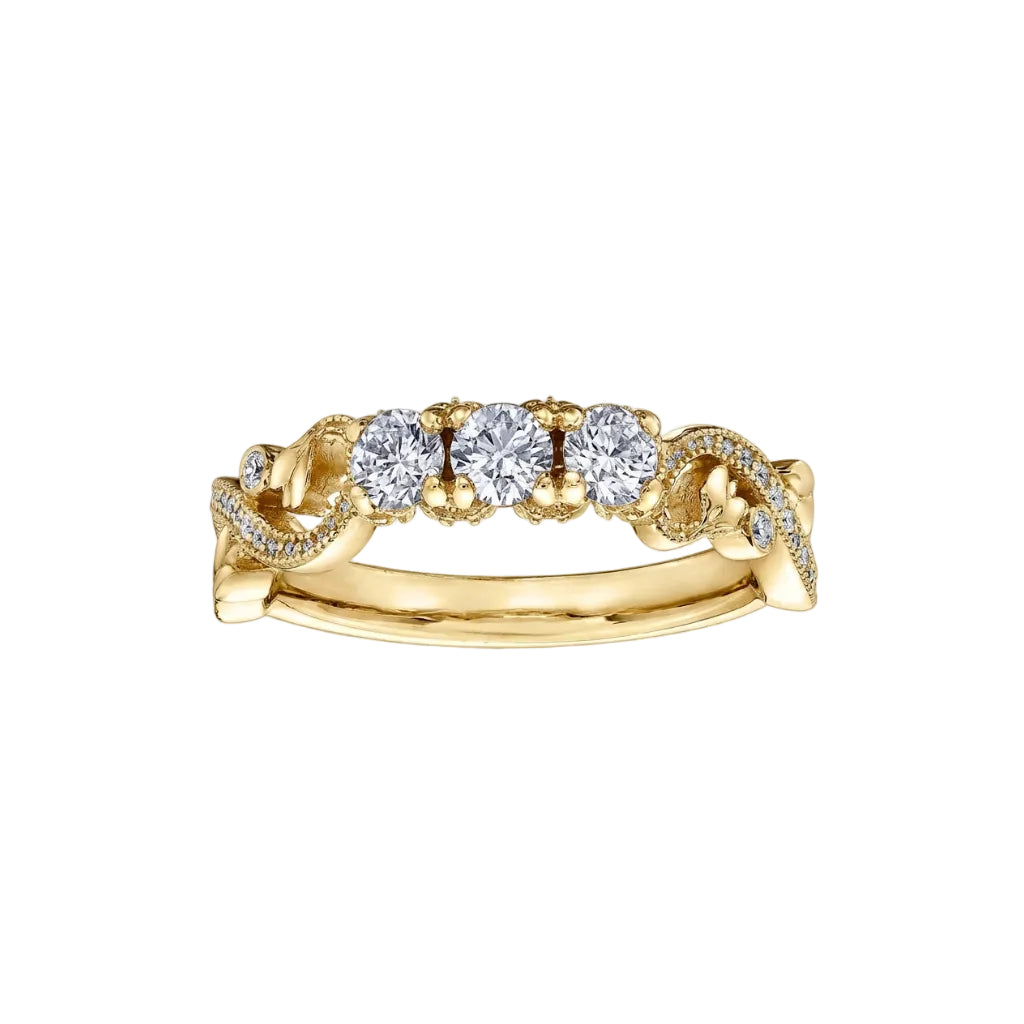 Crafted in 18kt gold, this diamond set rose vine band features three round brilliant-cut Canadian centre diamonds.
