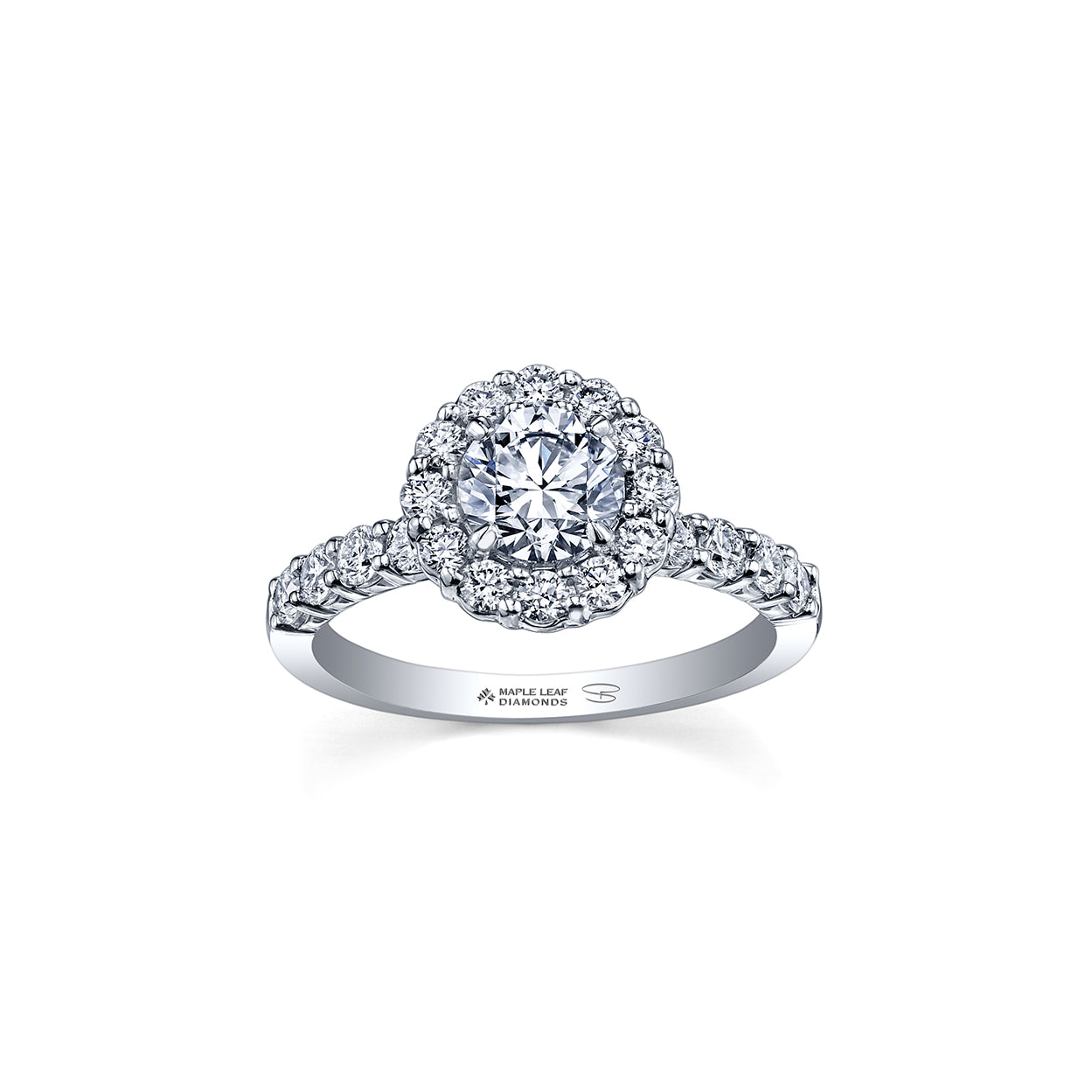 Crafted in 18KT Certified Canadian Gold, this ring features a diamond set band and halo with a round brilliant-cut Canadian centre diamond and hidden maple leaf details.