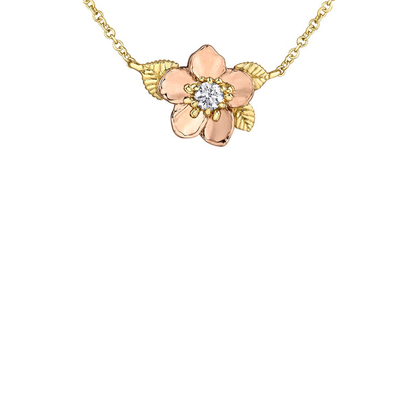 Crafted in 14KT rose and yellow Certified Canadian Gold, this necklace features an Alberta wild roses set with a round brilliant-cut Canadian diamond