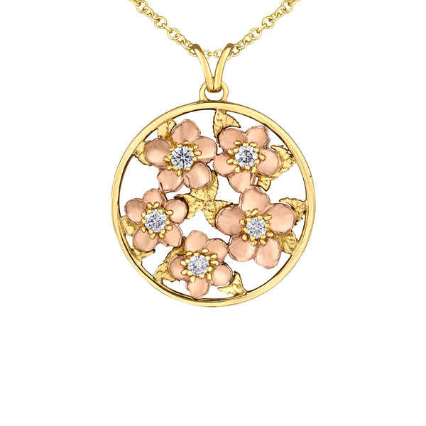 Crafted in 14KT rose and yellow Certified Canadian Gold, this pendant features Alberta wild roses set with round brilliant-cut Canadian diamonds