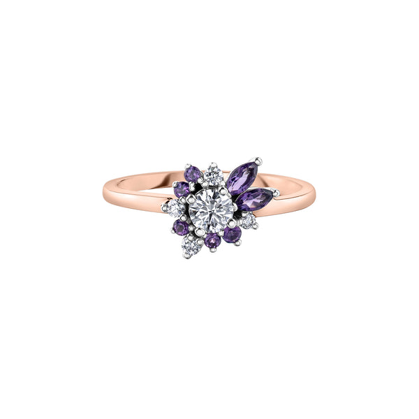 Crafted in 14KT Canadian Certified Gold, this diamond ring features a wildflower-inspired shape set with round brilliant cut Canadian diamonds and amethyst.