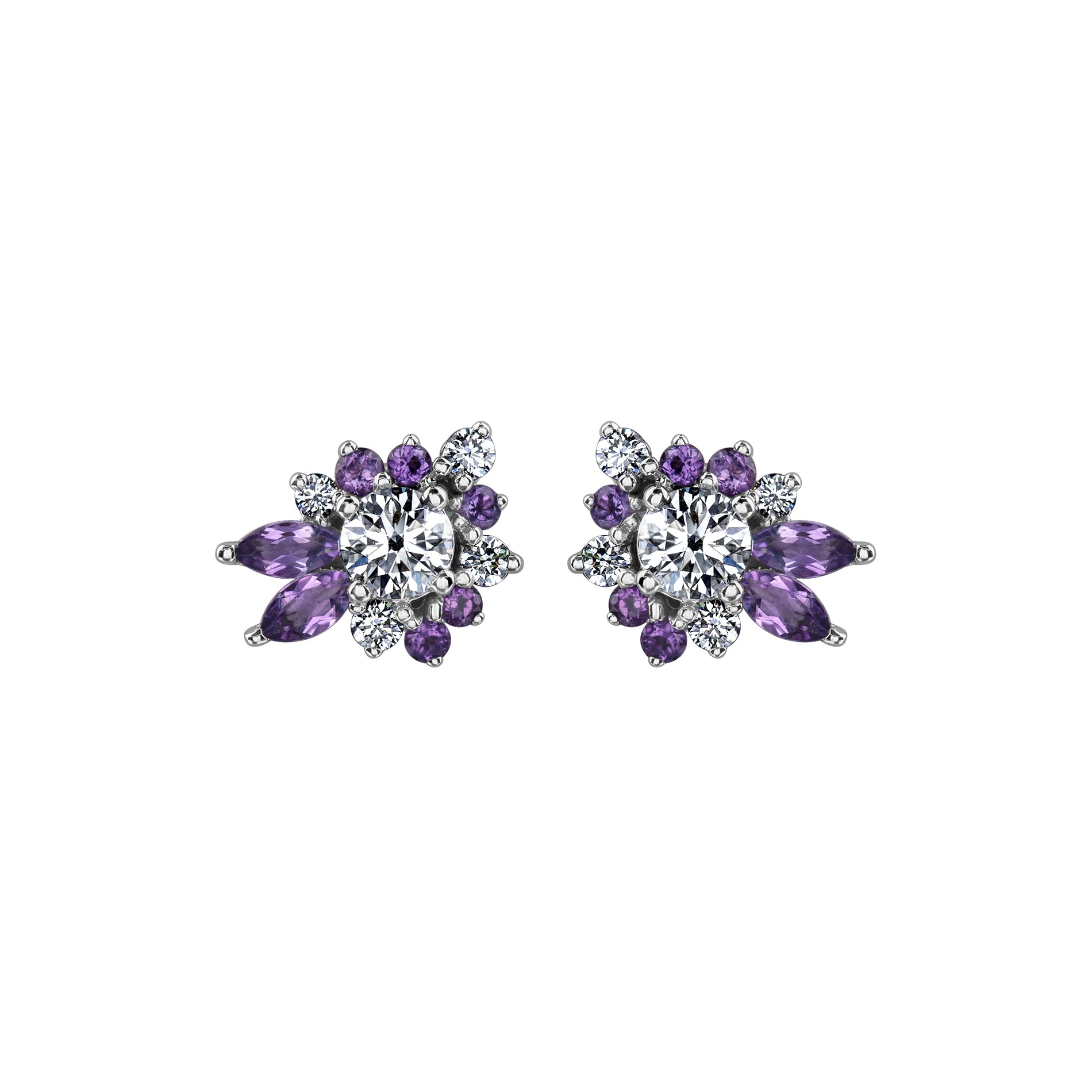 Crafted in 14KT Canadian Certified Gold these diamond earrings feature a wildflower-inspired shape set with round brilliant cut Canadian diamonds and amethyst.