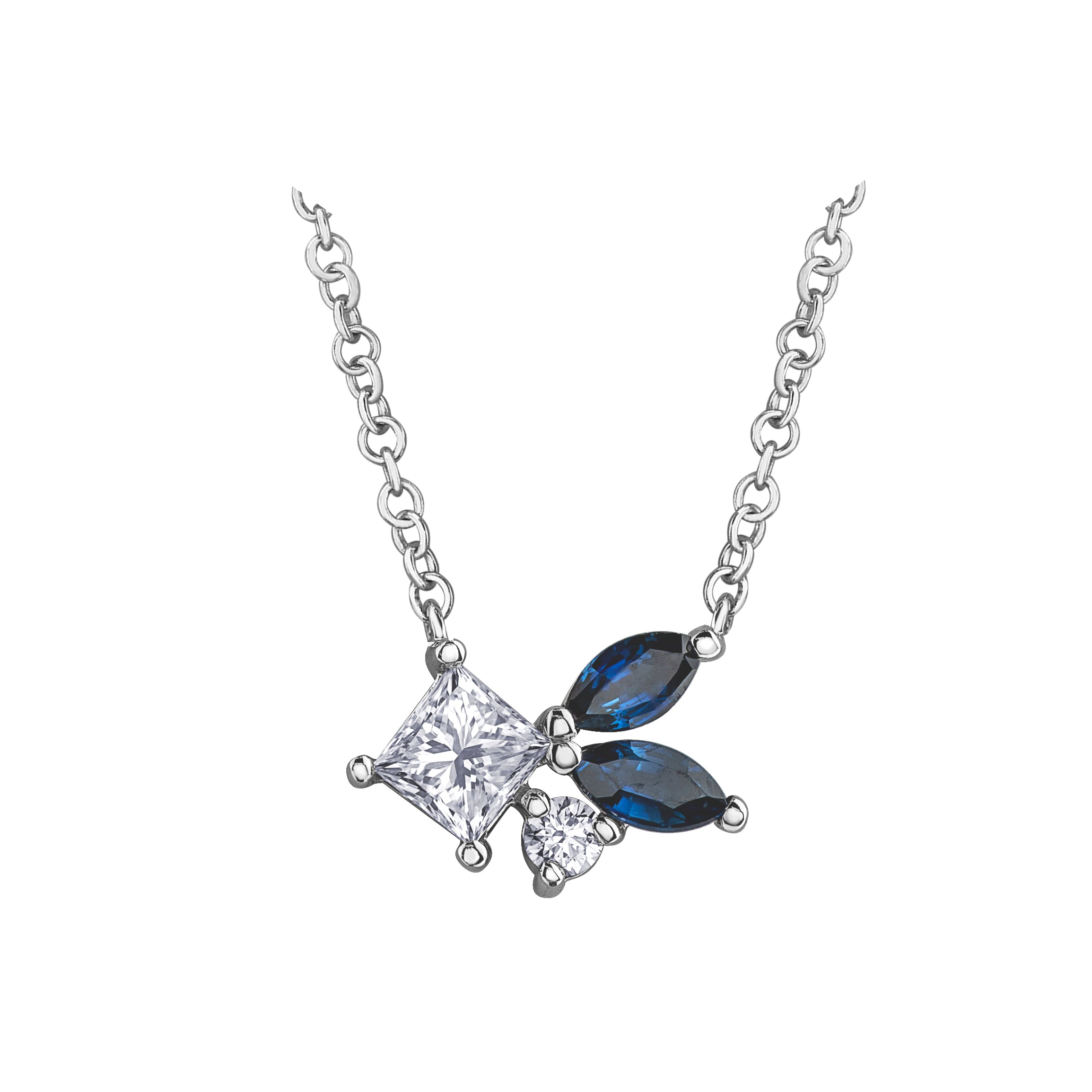 Crafted in 14KT Canadian Certified Gold, this diamond necklace is  set with two leaf-shaped sapphires and princess cut & round brilliant cut Canadian diamonds.