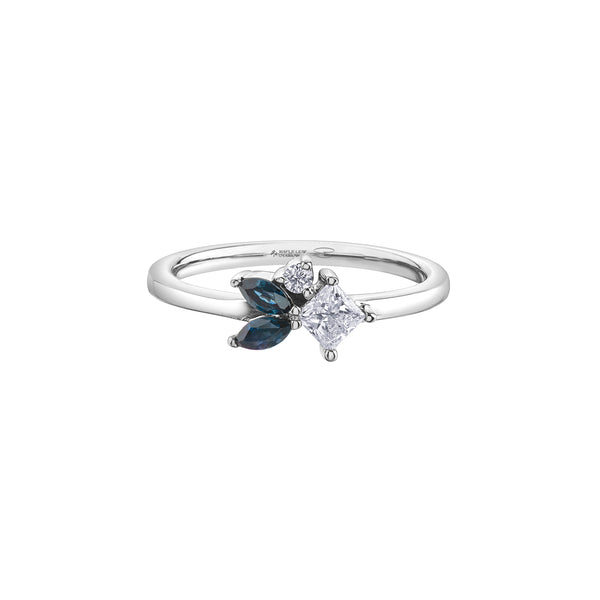 Crafted in 14KT Canadian Certified Gold, this diamond ring is  set with two petal-shaped sapphires and princess cut & round brilliant cut Canadian diamonds.