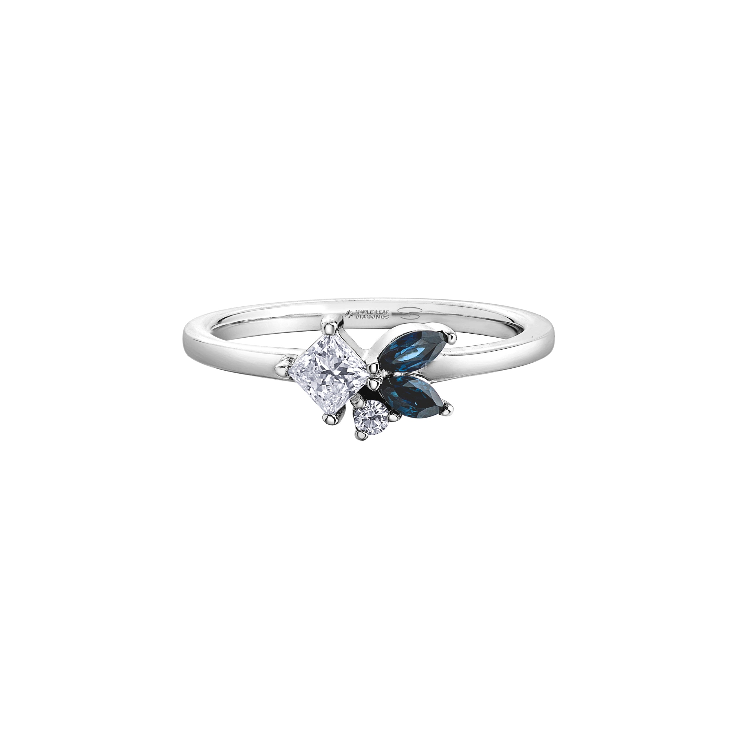 Crafted in 14KT Canadian Certified Gold, this diamond ring is  set with two petal-shaped sapphires and princess cut & round brilliant cut Canadian diamonds.