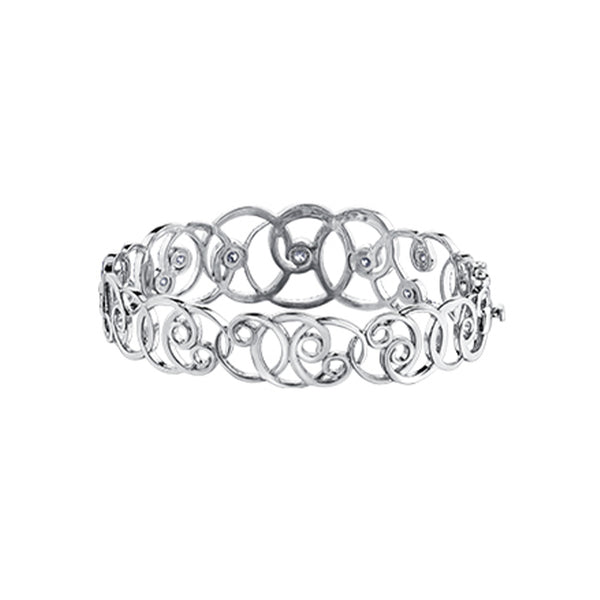 Crafted in 14KT white Certified Canadian Gold, this bracelet features a sprout-inspired swirling design set with round brilliant-cut Canadian diamonds.