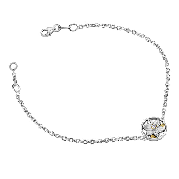Crafted in 14KT white and yellow Certified Canadian Gold, this bracelet features a British Columbia dogwood flower set with a round brilliant-cut Canadian diamond