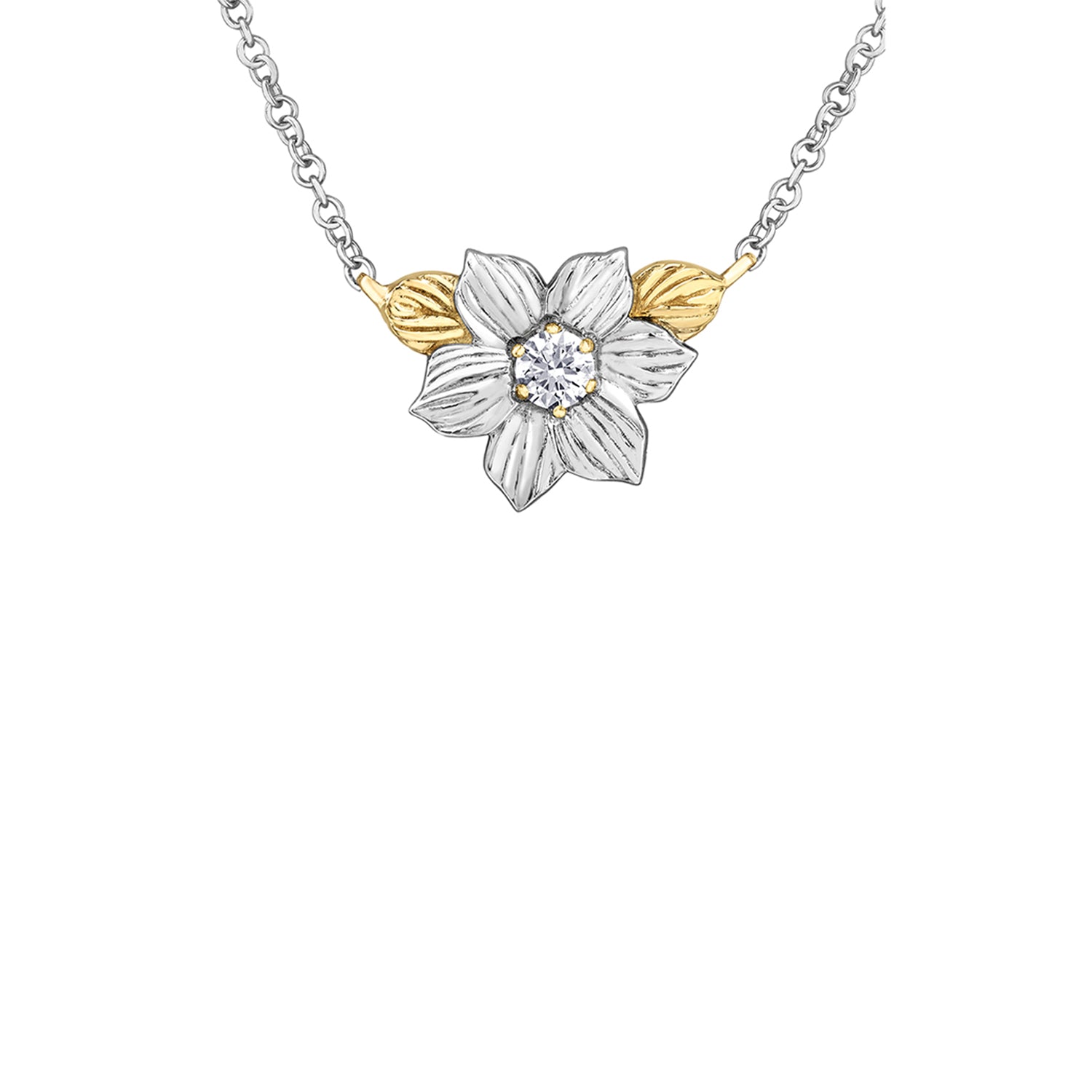 Crafted in 14KT white and yellow Certified Canadian Gold, this necklace features a British Columbia dogwood flower set with a round brilliant-cut Canadian diamond