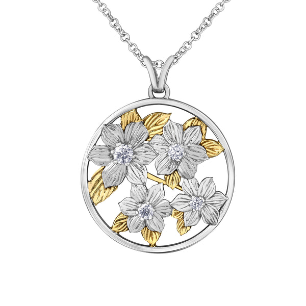 Crafted in 14KT white and yellow Certified Canadian Gold, this pendant features British Columbia dogwood flowers set with round brilliant-cut Canadian diamonds